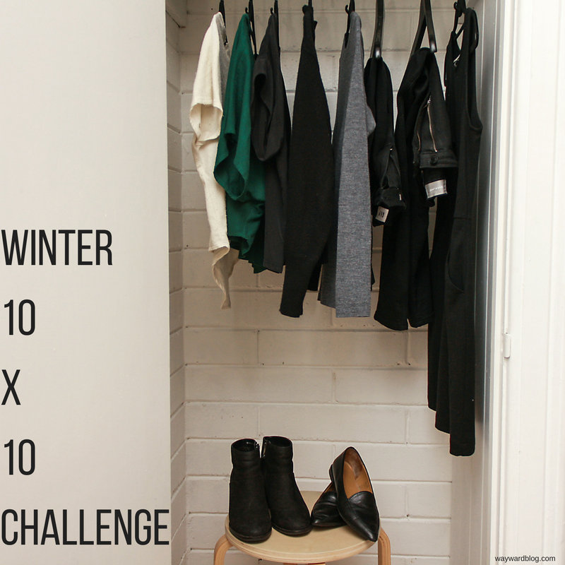 A closet of ten items for the Winter 10x10 with text for the post