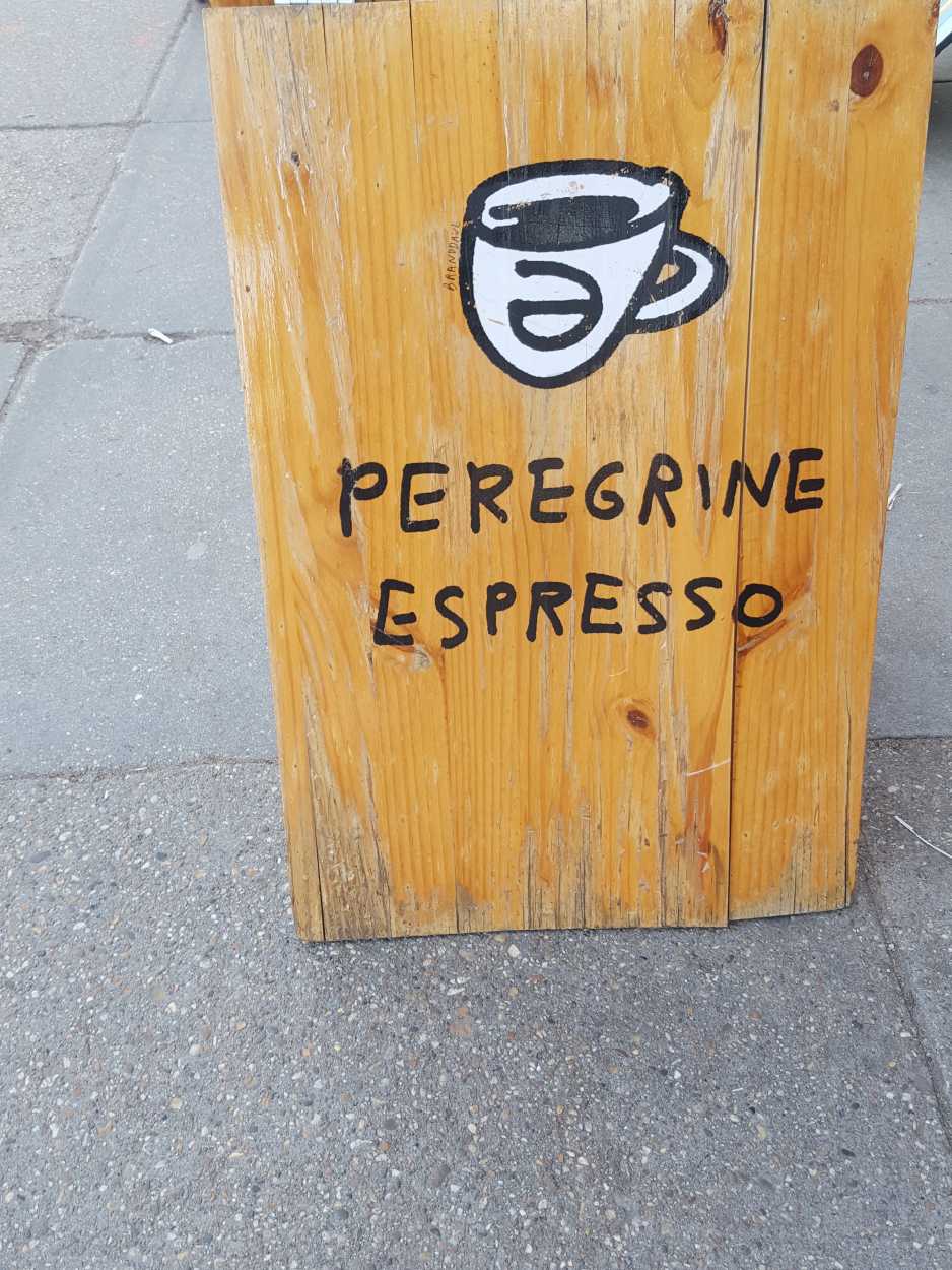 A sign reads "Peregrine Espresso"
