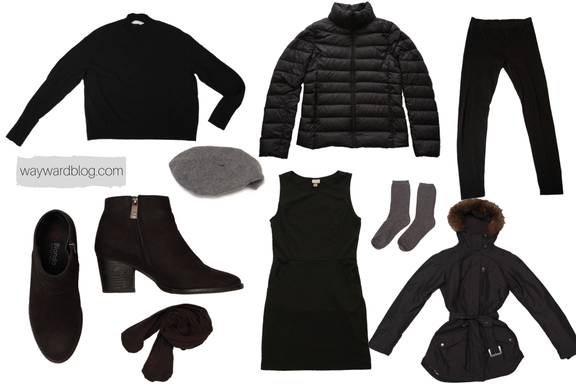 A fancy winter dinner outfit with a black dress, sweater, tights, and coats