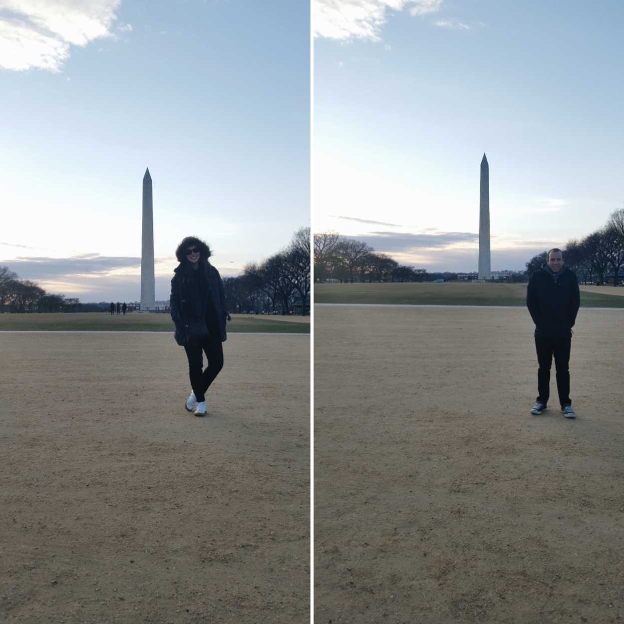 Two photos of Alyssa and Michael standing in front of the Washington Monument