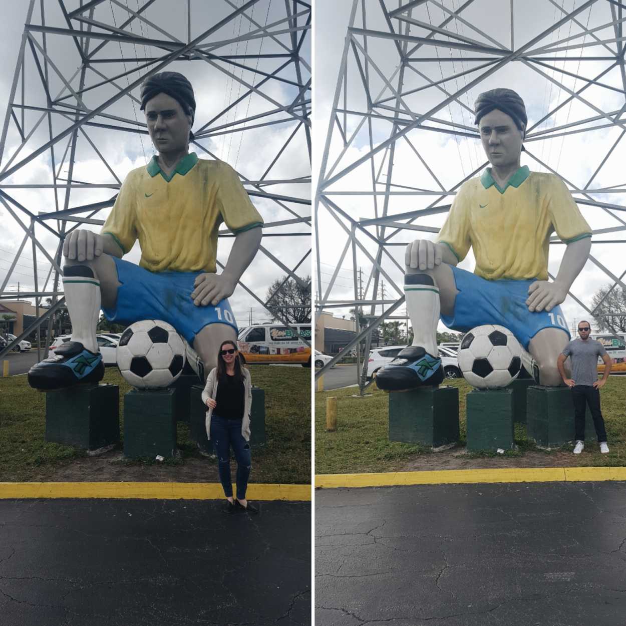 Alyssa and Michael in front of a soccer player statue