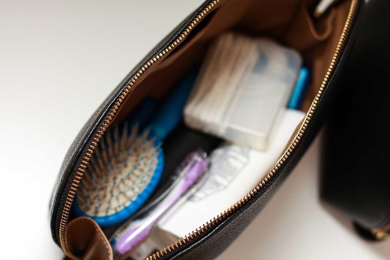 A close up of the inside of the toiletry bag from the Leather Travel Case Set from Cuyana