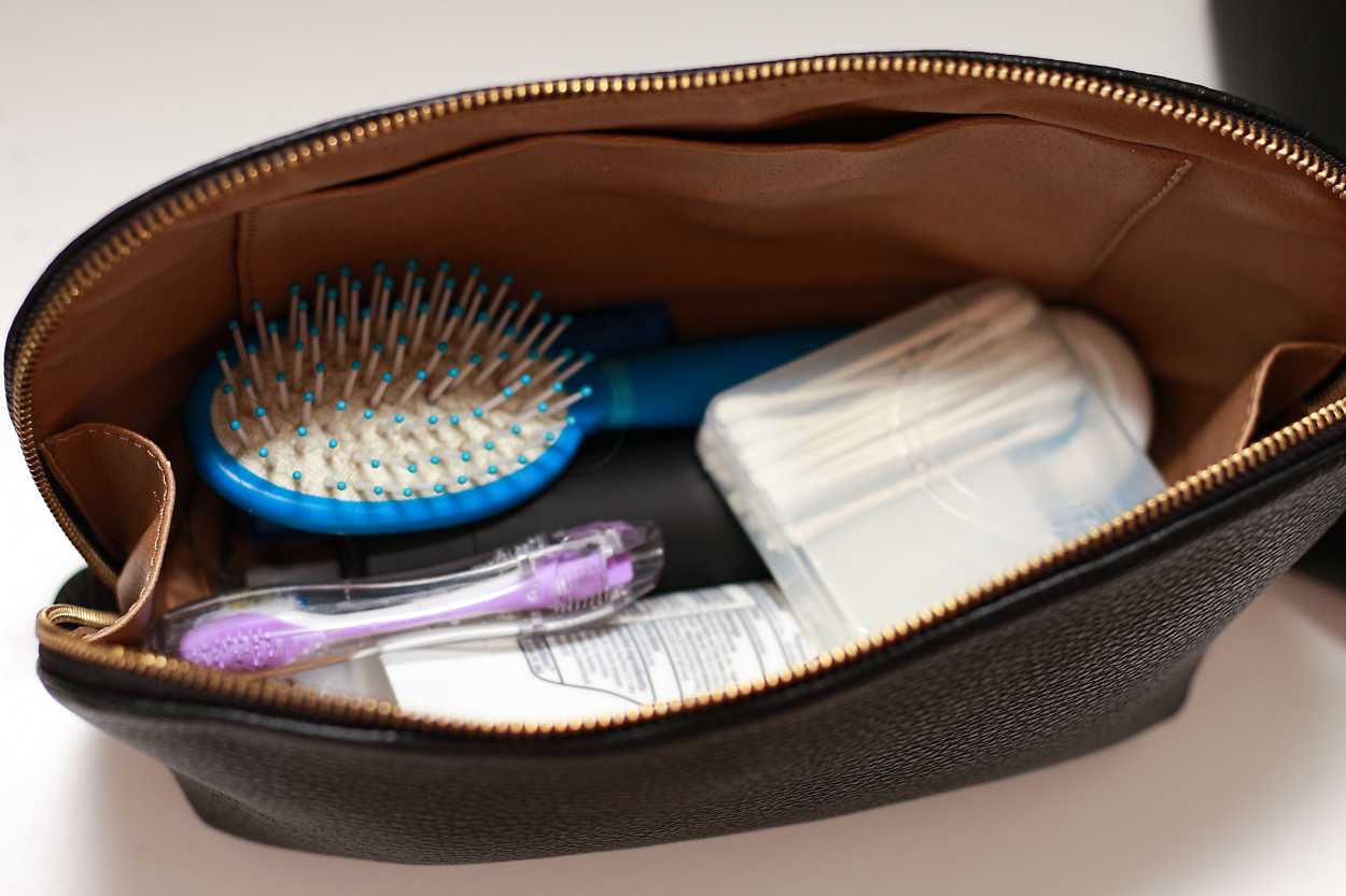 A close up of the inside of the toiletry bag from the Leather Travel Case Set from Cuyana