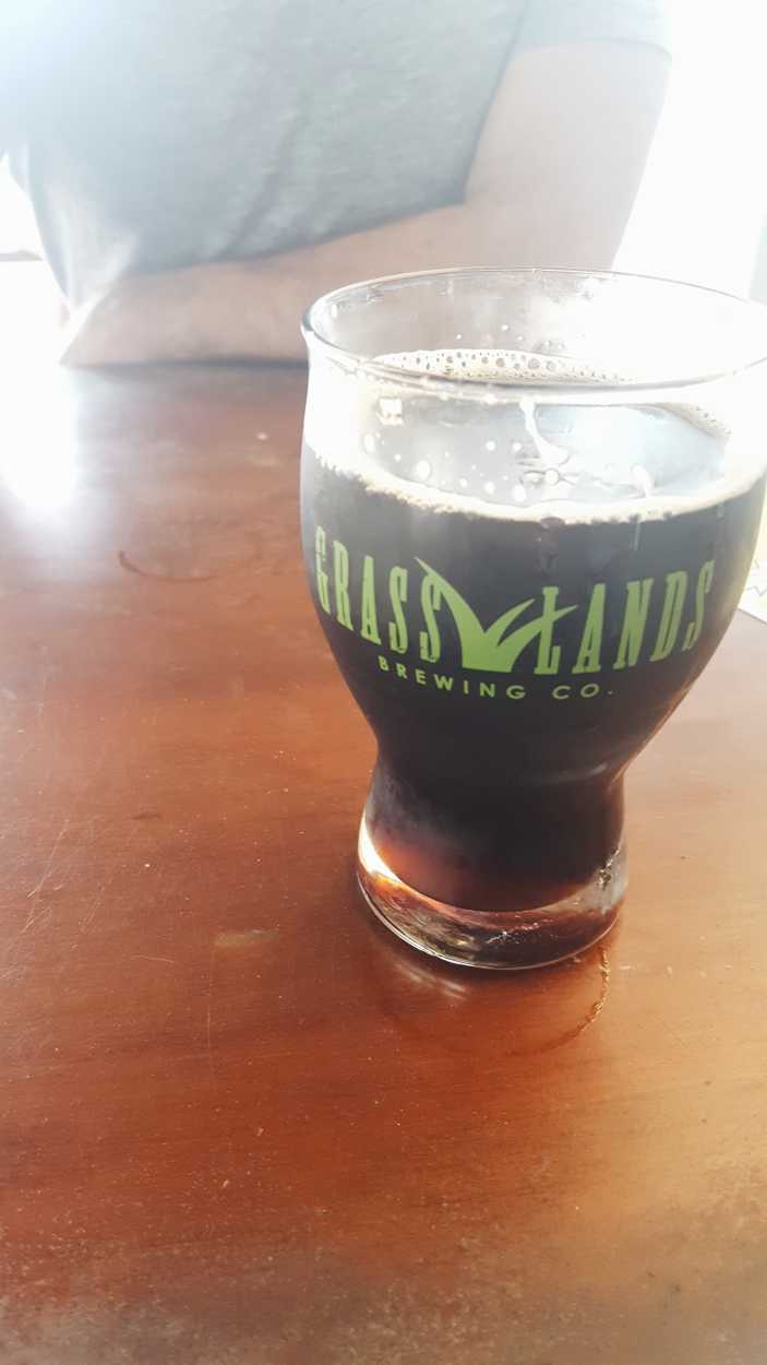 A pint of a dark beer in a glass from Grasslands