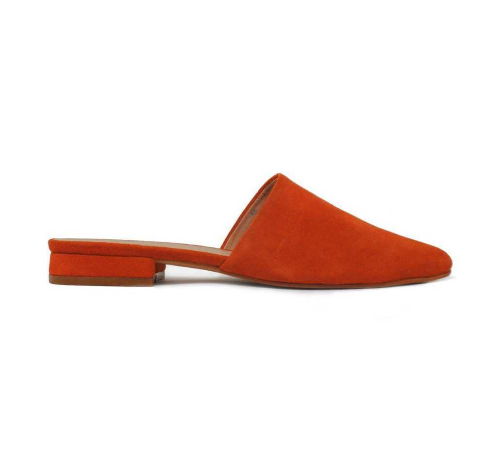 A red-orange suede mule