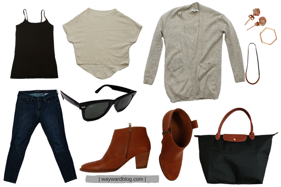 A collage of pieces worn on the plane to Dallas: Skinny jeans, boots, and a cardigan