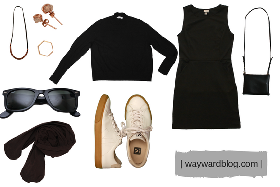 A black dress, sweater, tights, and sneakers in a collage