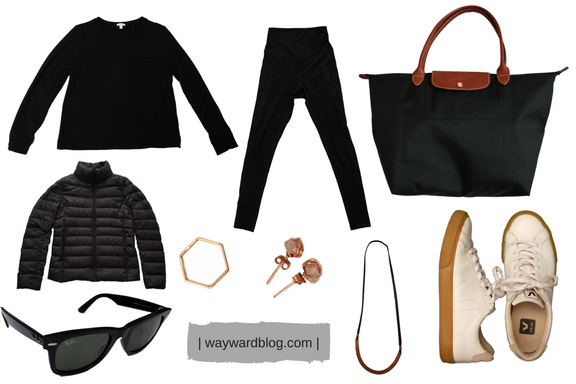 An all-black travel outfit for the plane ride home from Dallas, in a collage