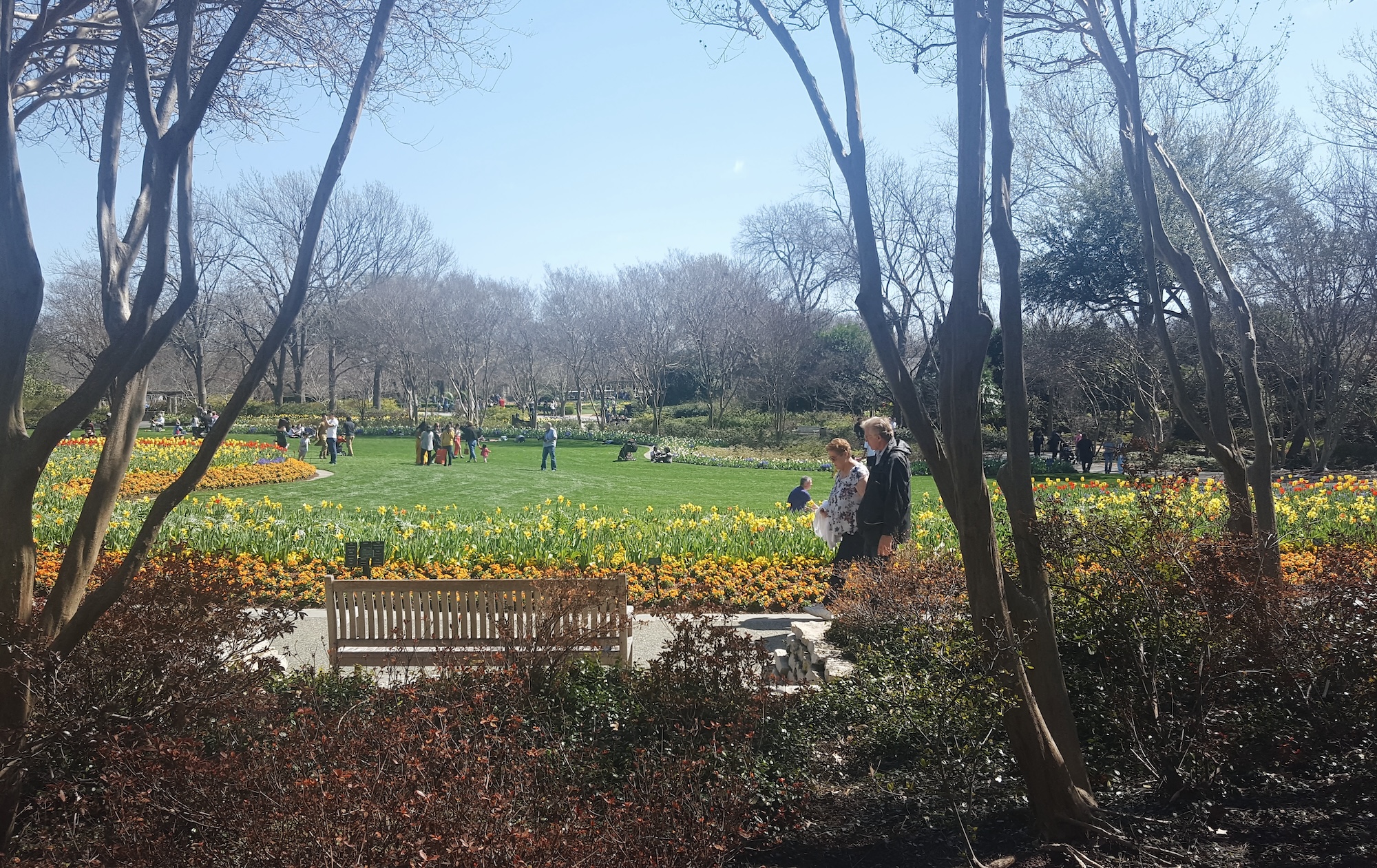People walk through the gardens at Dallas Arboretum