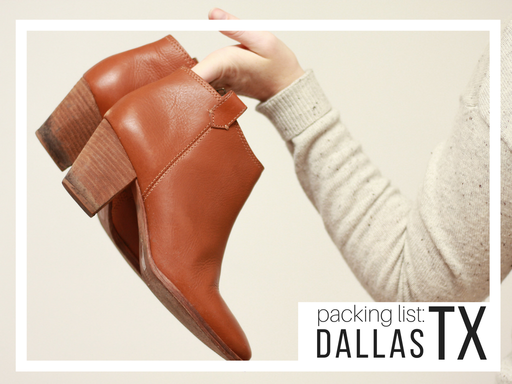 Alyssa's hand holds a pair of brown boots and text overlay reads "Packing list: Dallas, TX"