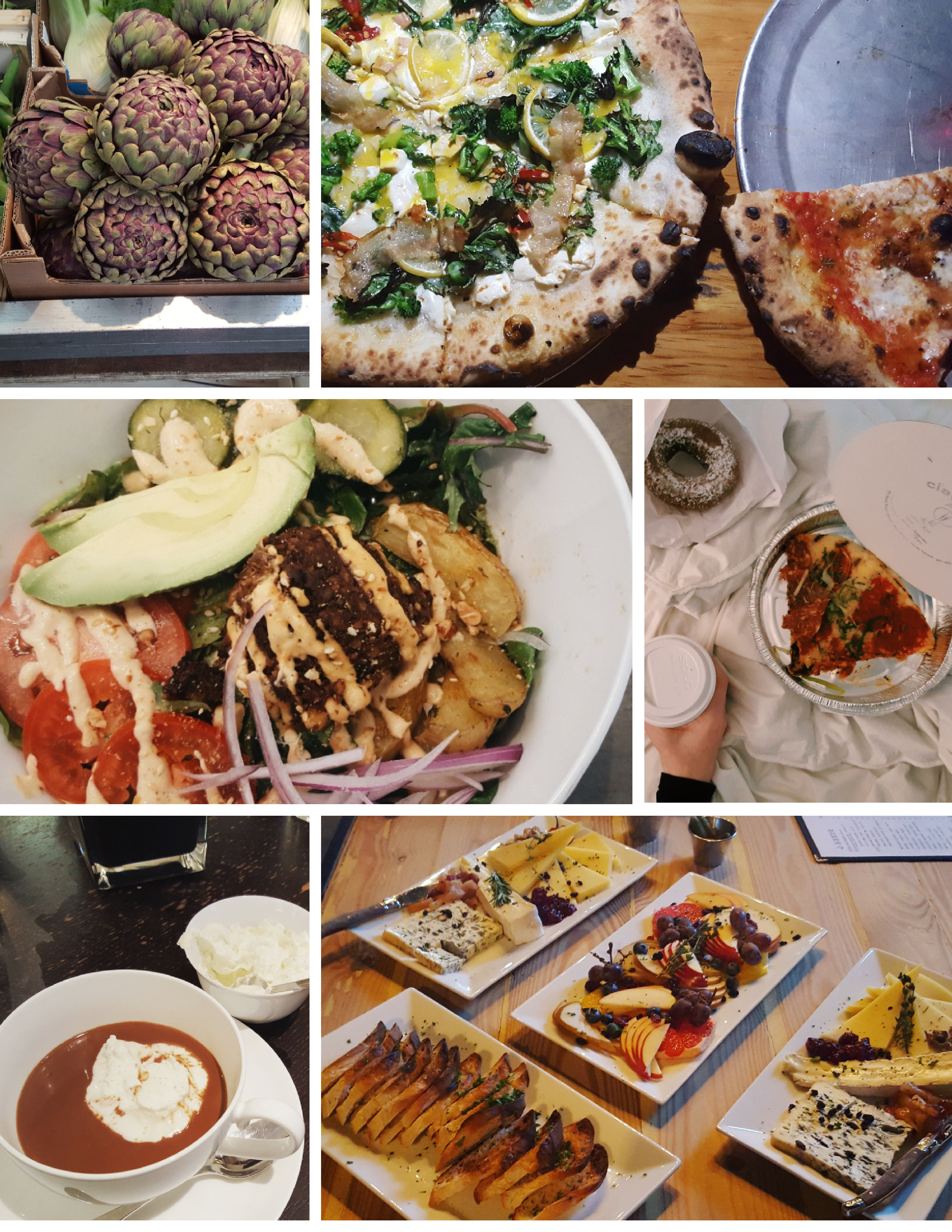 A collage of food eaten on travels: pizza from Brooklyn, a grain bowl, hot chocolate in Paris, and more