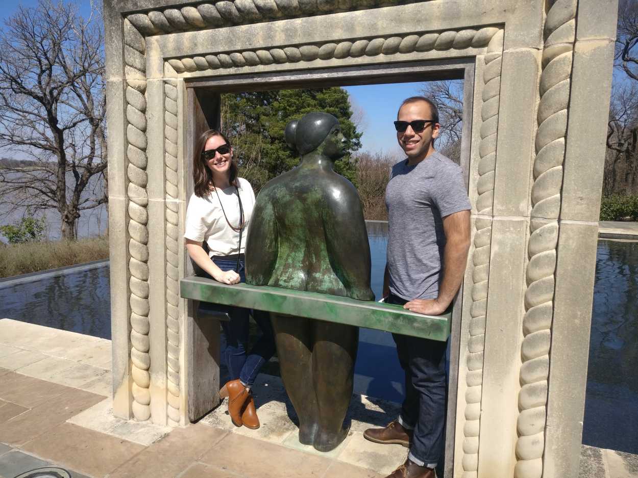 Alyssa and Michael with a sculpture at the Dallas Arboretum