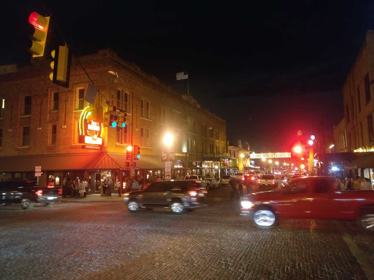 The Fort Worth Stockyards area at night
