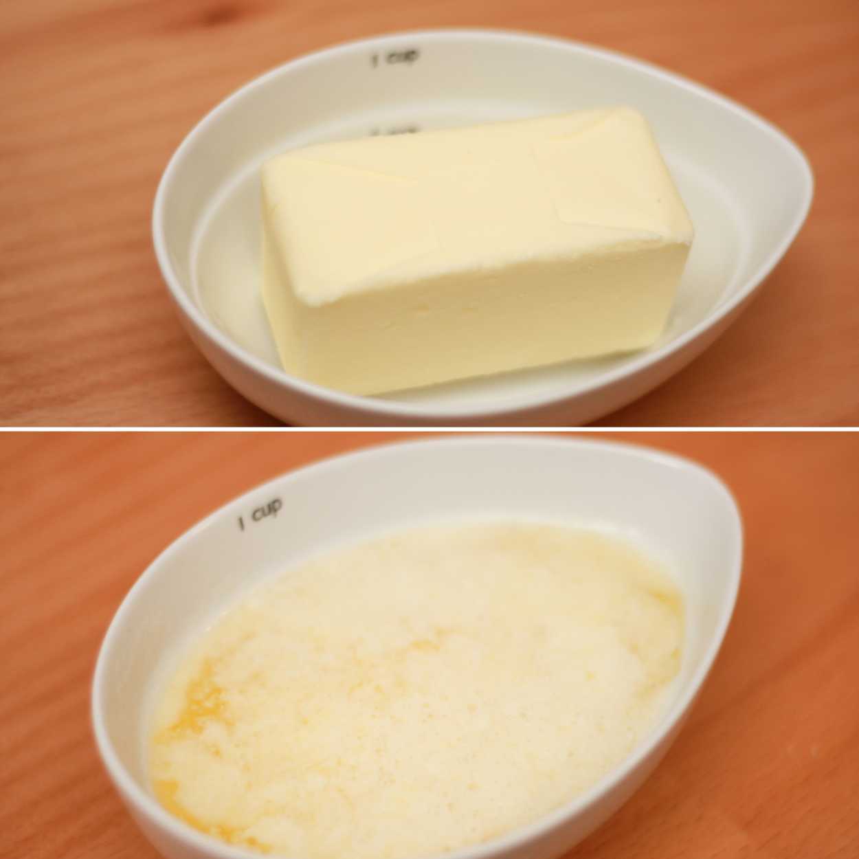 two photos of butter: first in a stick, and then melted