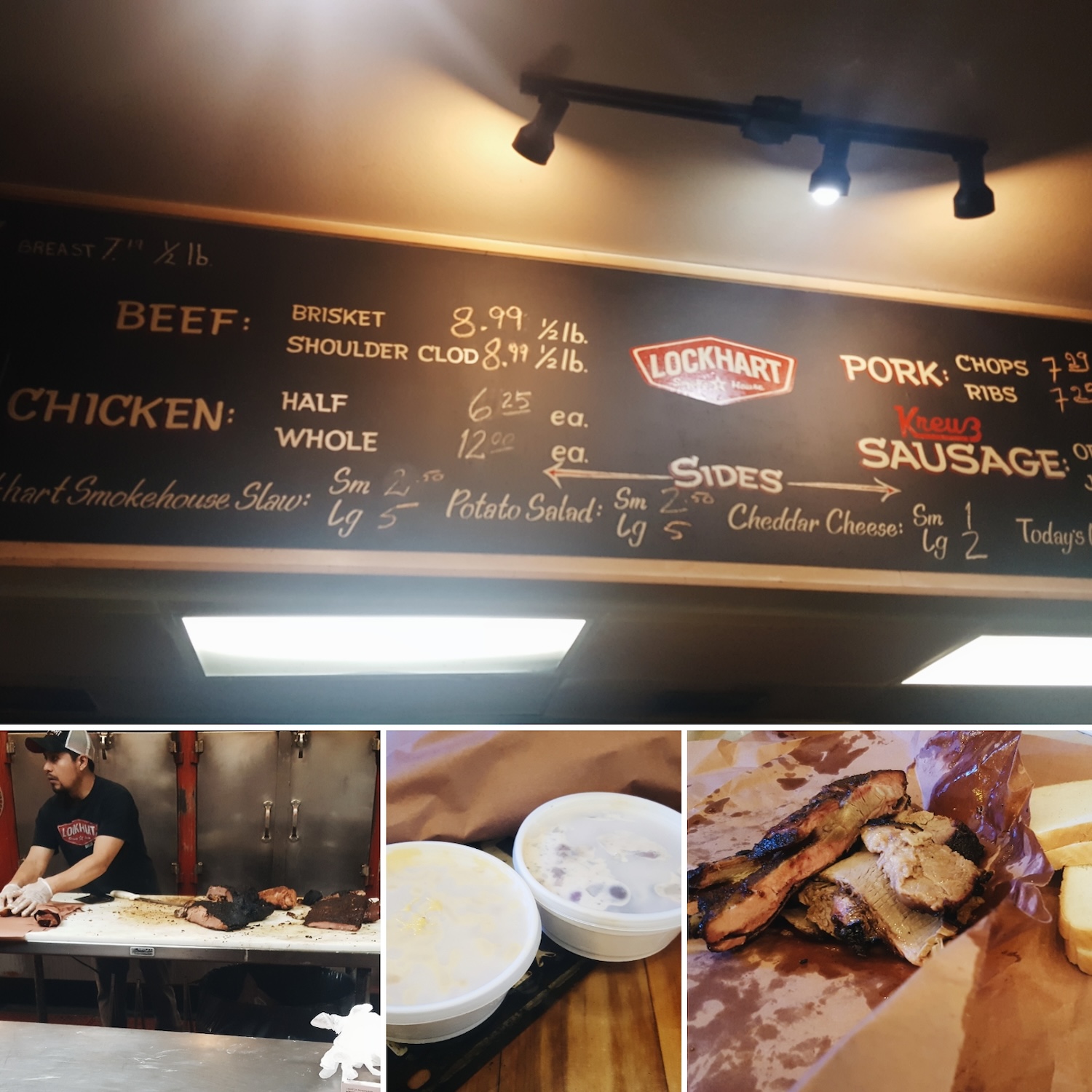Collage of the menu and BBQ at Lockhart BBQ