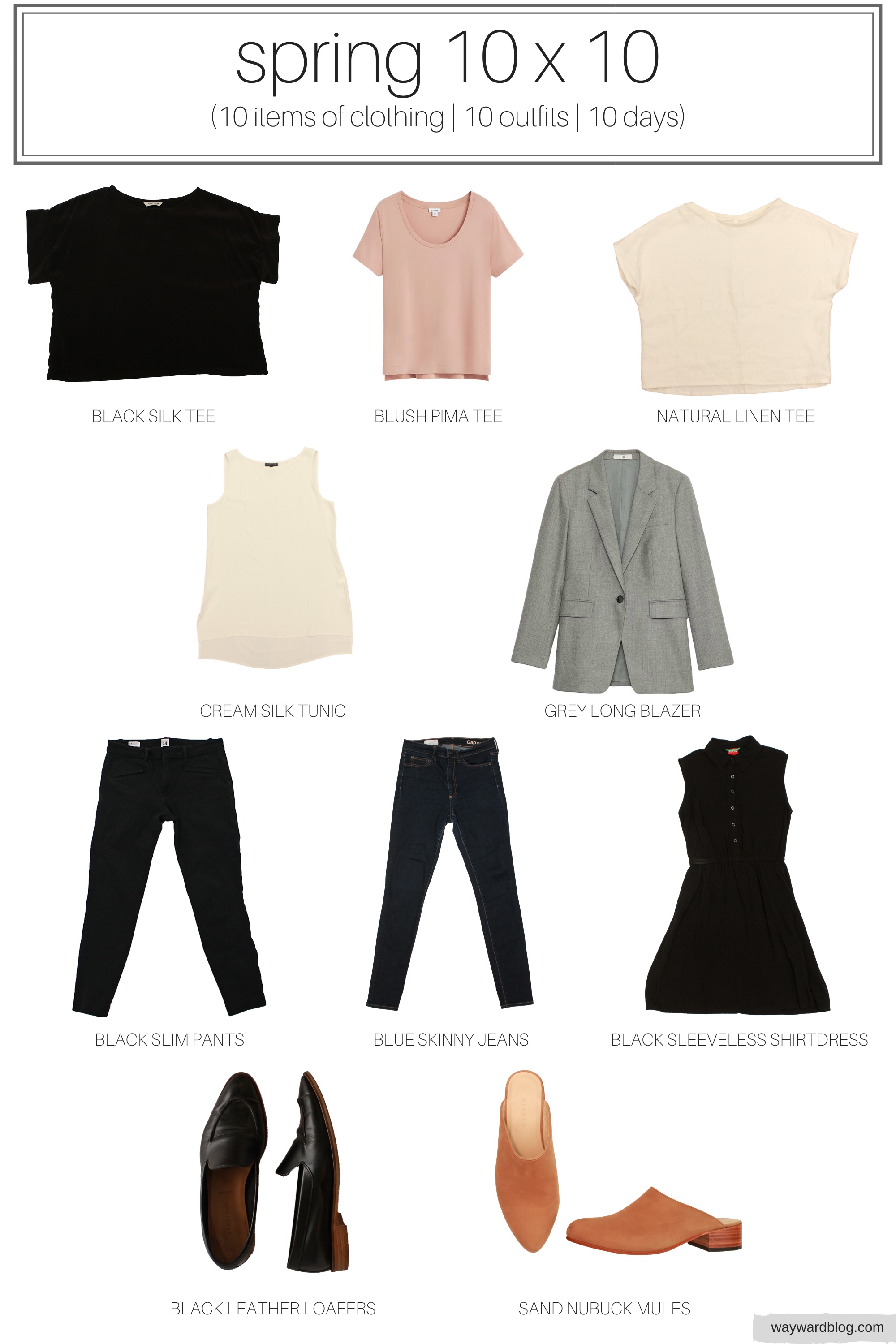 Collage of ten garments and shoes with text for a spring capsule wardrobe