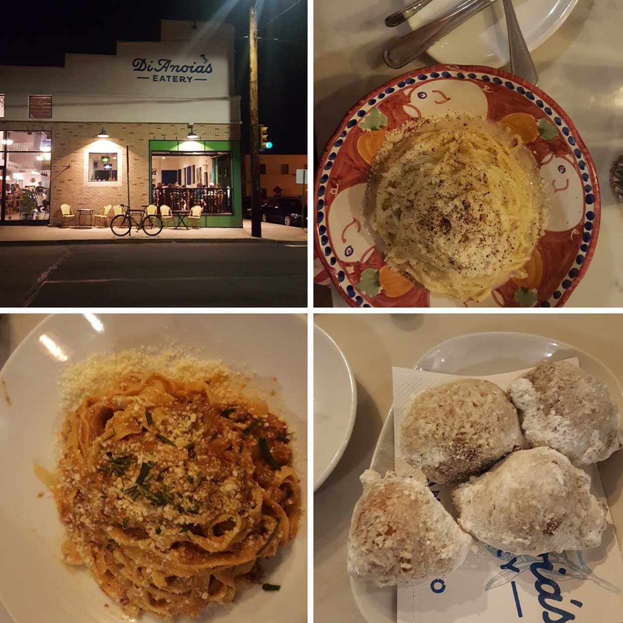 Collage of photos from DiAnoia's Eatery, including pasta, the building, and dessert