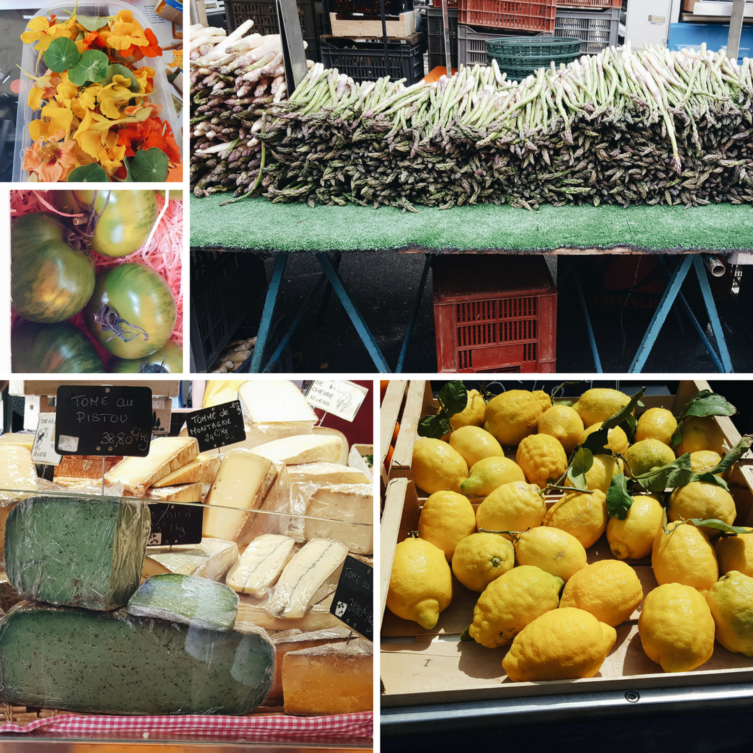 A collage of fresh foods at European markets
