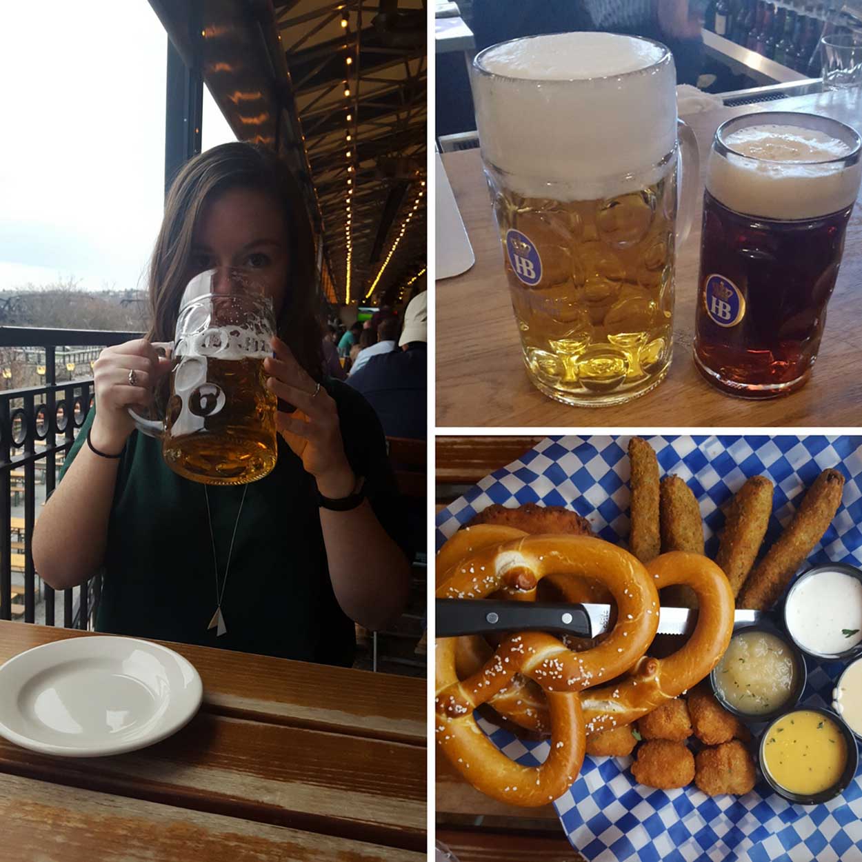 Alyssa drinking a beer, and a platter from Hofbräuhaus