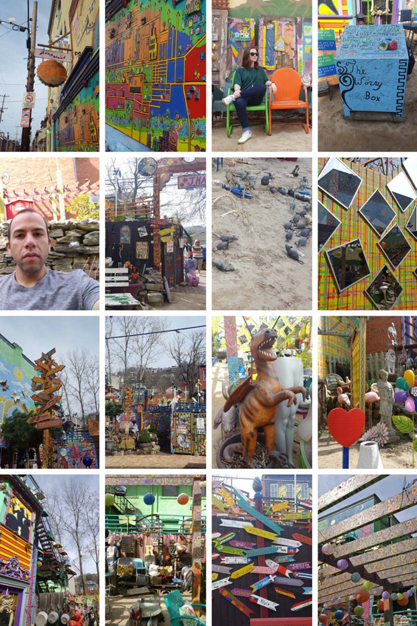 Collage of images of quirky art at Randyland
