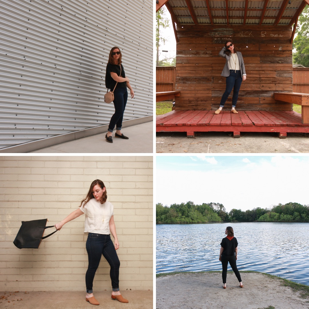 Four images of Alyssa in Gainesville, FL wearing looks from the 10x10 challenge