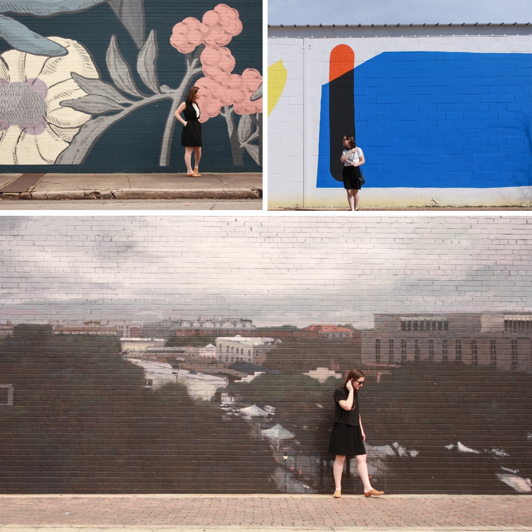 Three images of Alyssa in front of murals in Gainesville wearing black and white garments