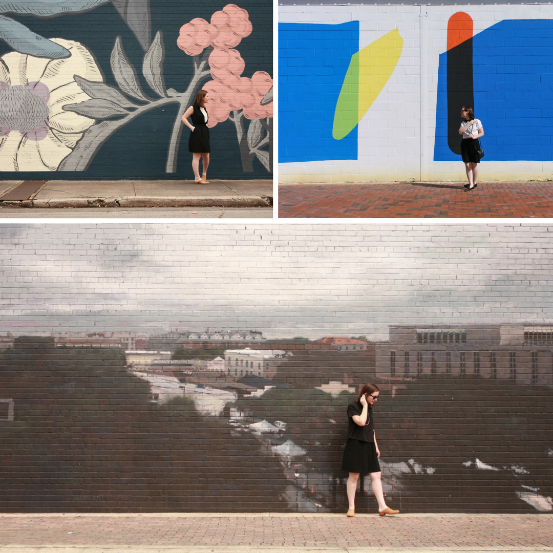 Three images of Alyssa in front of murals in Gainesville wearing black and white garments