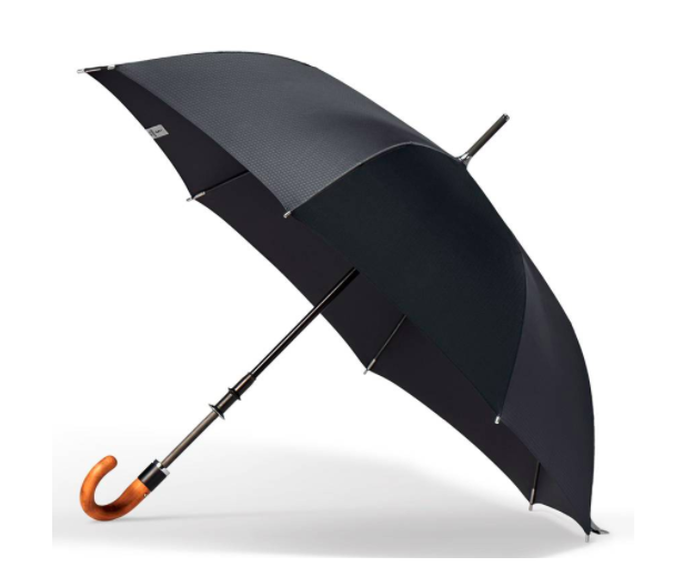 A black umbrella with a wooden handle