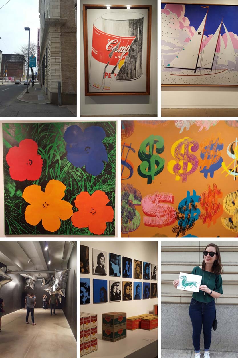 Collage of images taken of art and the exterior of The Andy Warhol Museum