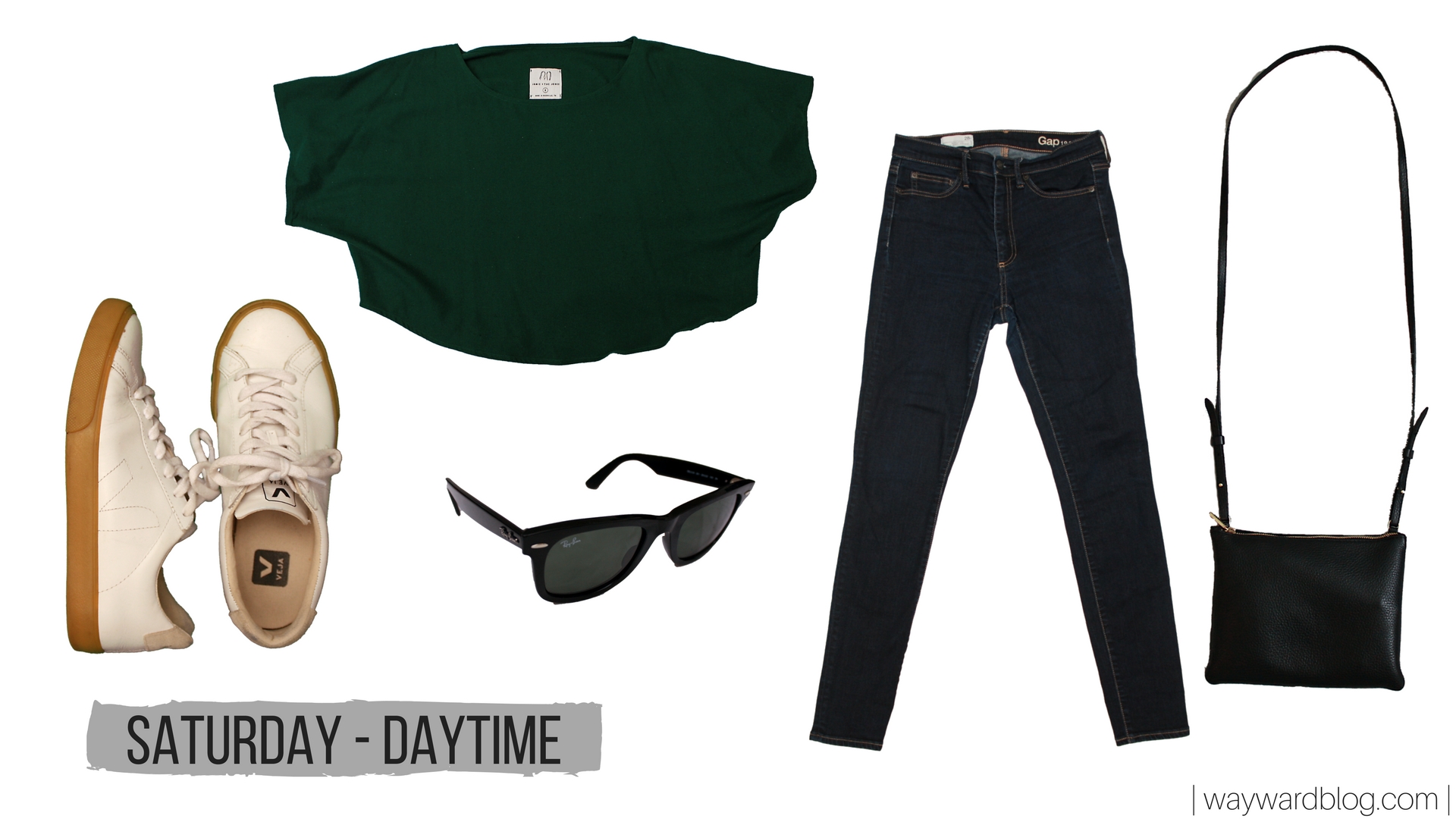 An outfit collage with a green top and blue jeans and sneakers