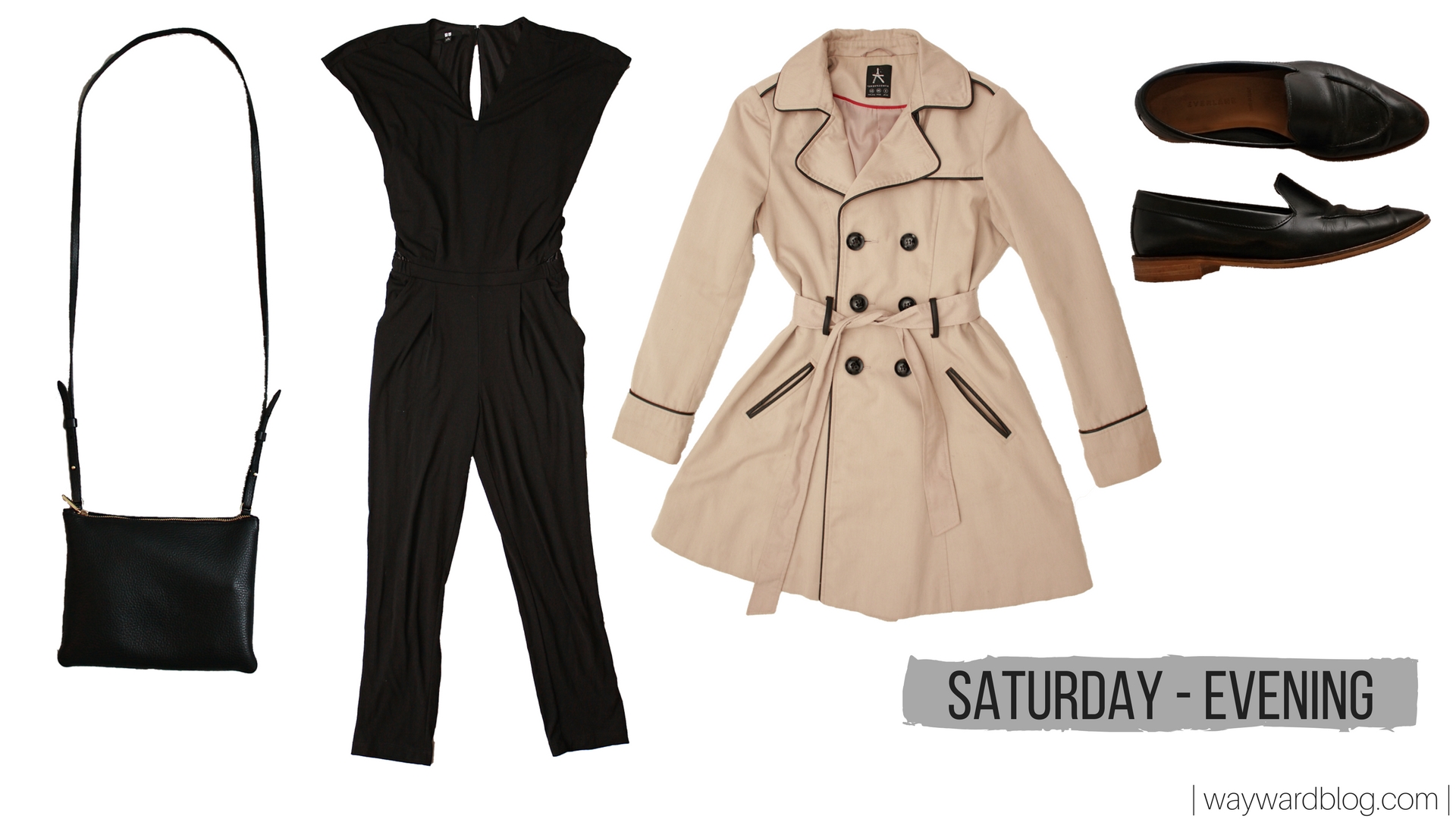 An outfit collage with a black jumpsuit and tan trench coat