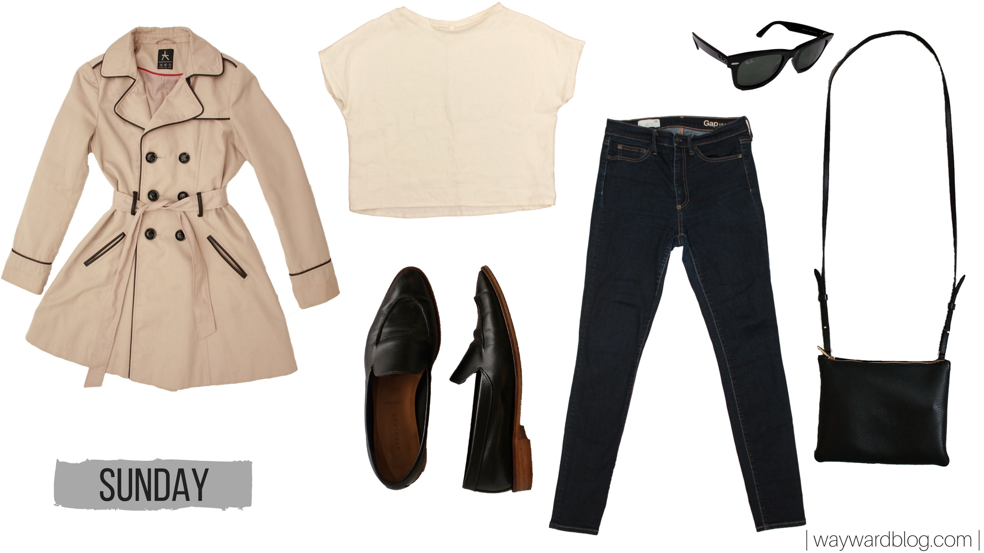 An outfit collage with a white top, blue jeans, and tan trench coat