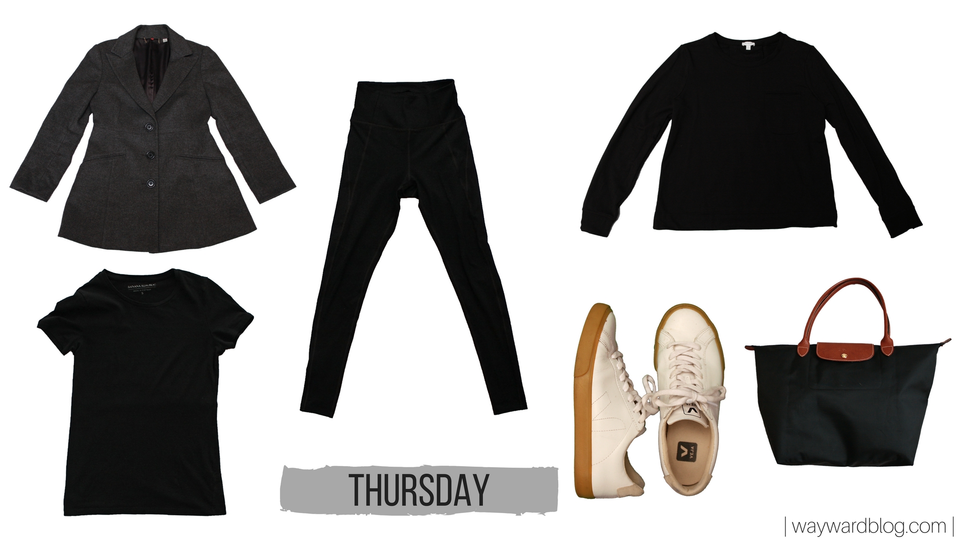 A collage with a tee, leggings, sweatshirt, coat, sneakers, and tote