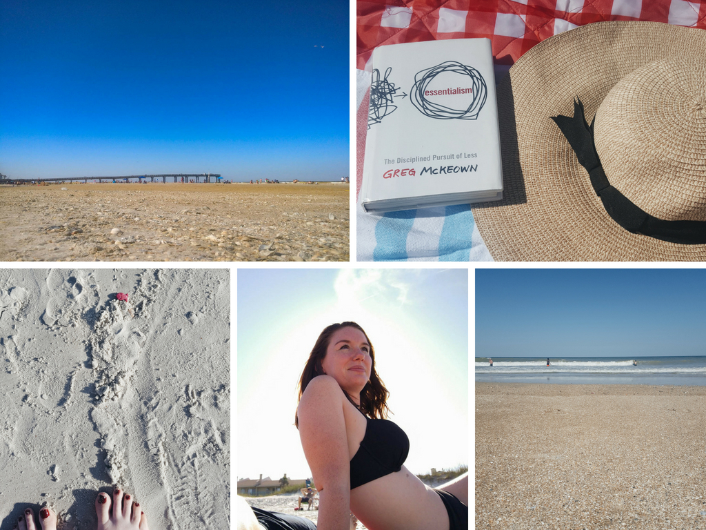 A collage from an afternoon spent at St. Augustine Beach: the pier, a book, a goldfish, and Alyssa on the beach
