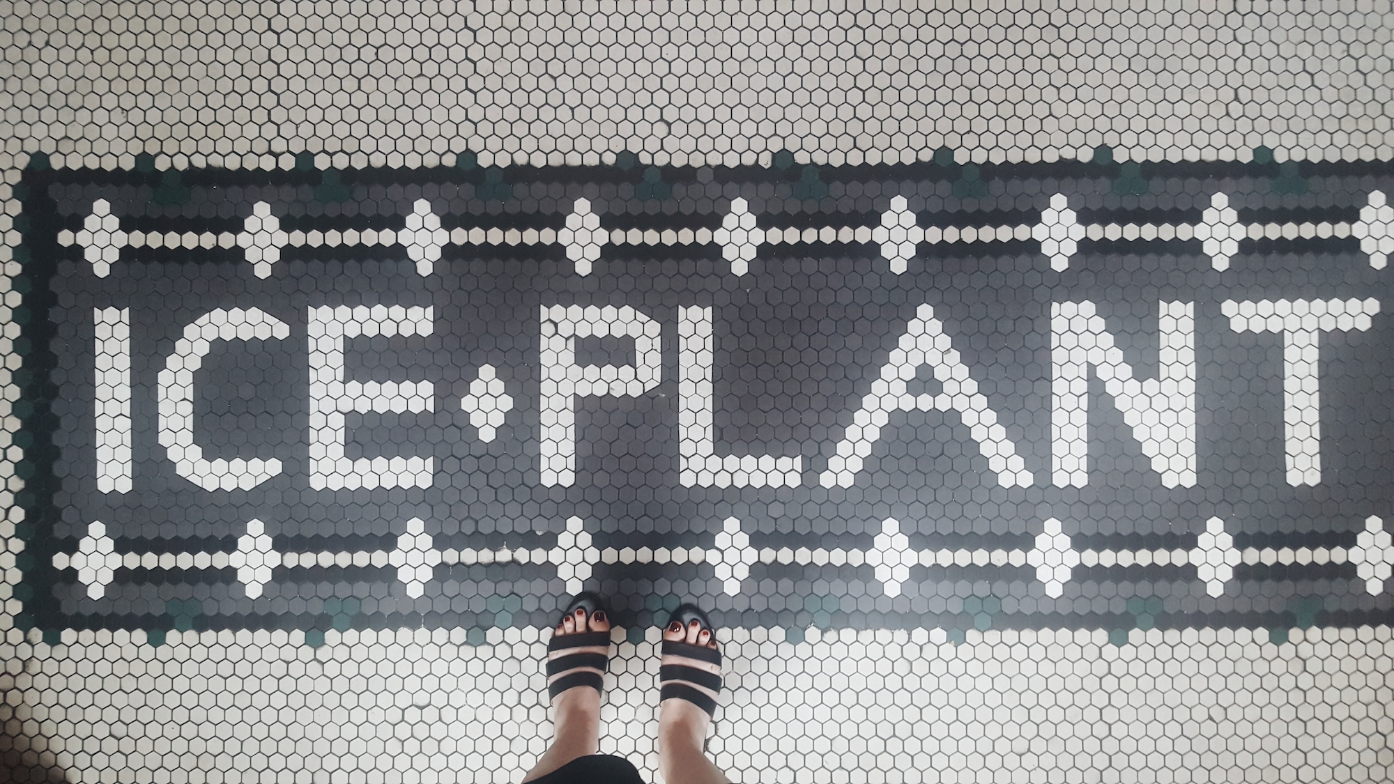 A mosaic tile floor reads "Ice Plant" and Alyssa stands in front of it in sandals