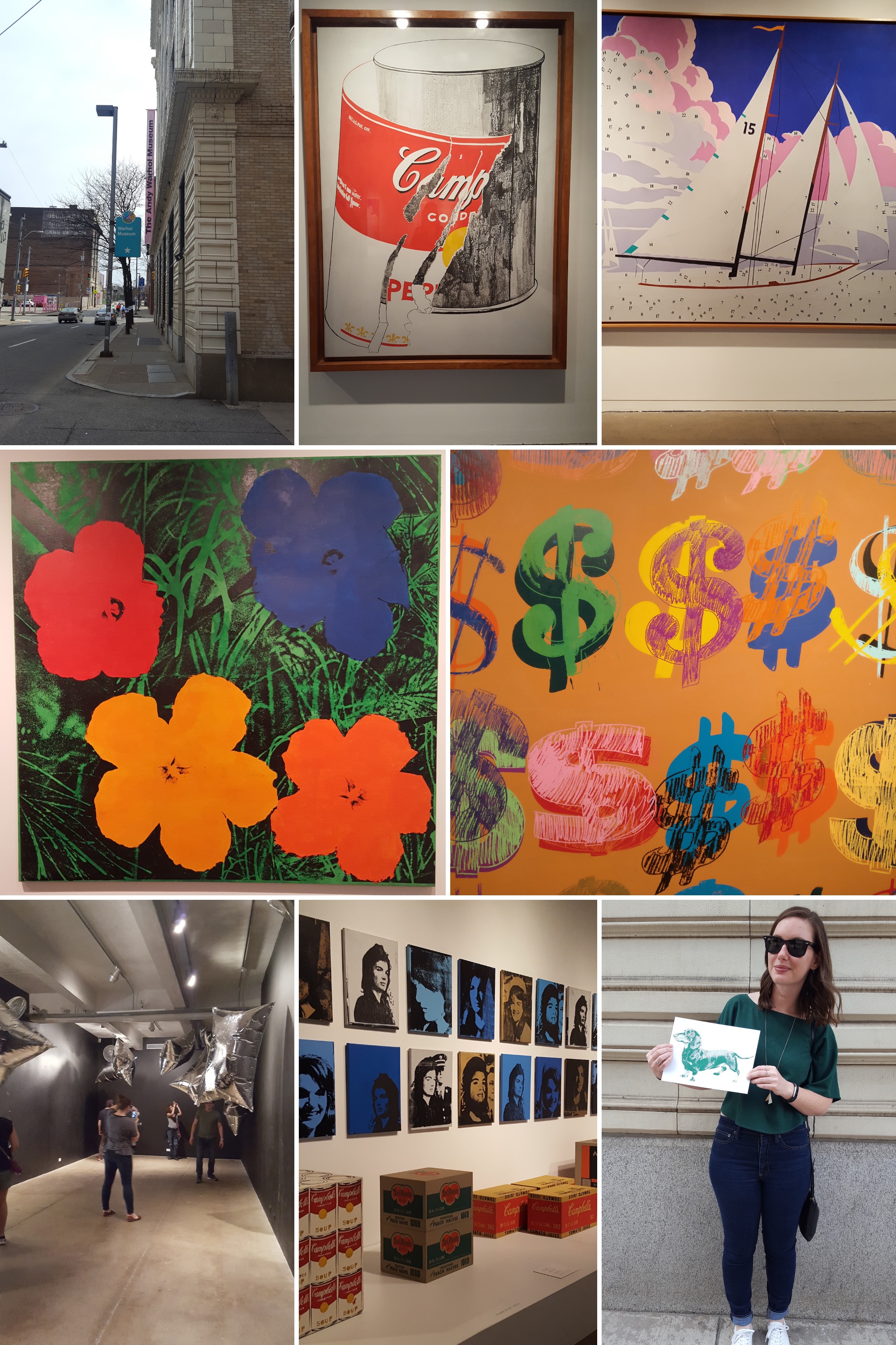 Collage of images taken of art and the exterior of The Andy Warhol Museum