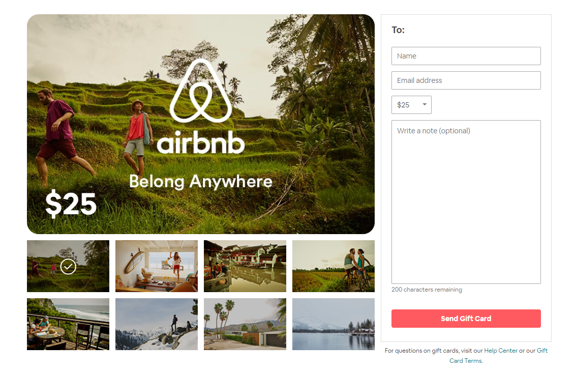 A screenshot of an Airbnb gift card purchase screen