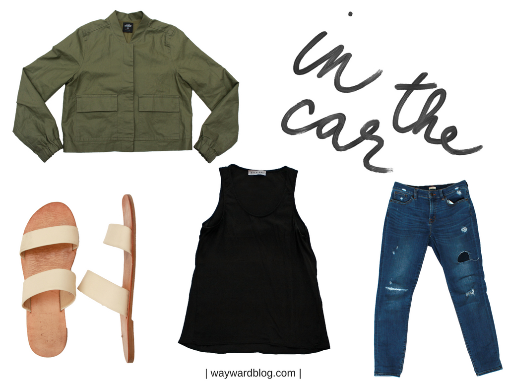 Outfit collage: a black tank, blue jeans, green jacket, and white sandals