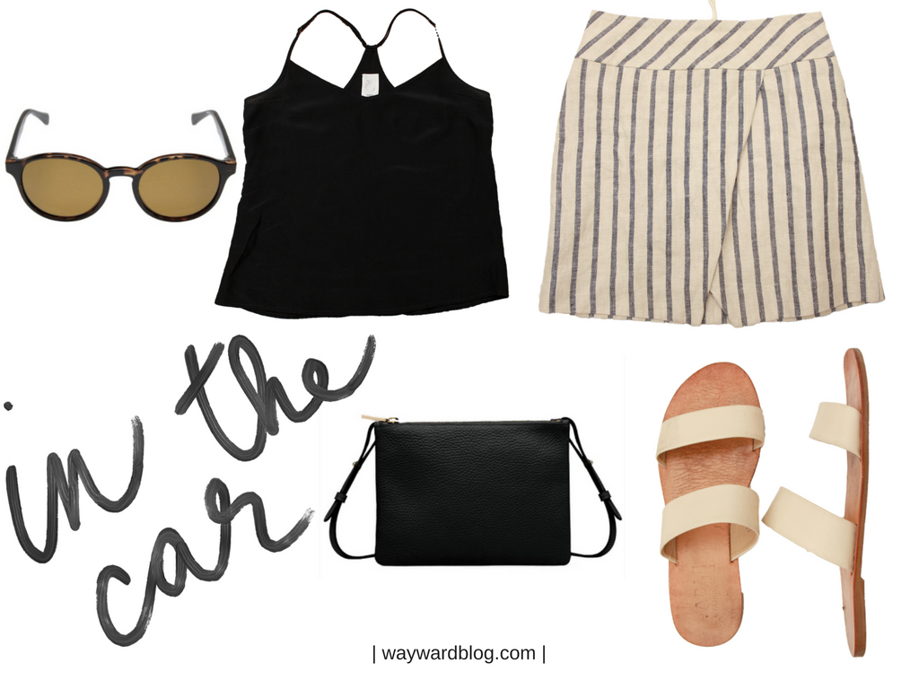 Outfit Collage: black tank, striped skirt, white sandals, and black purse