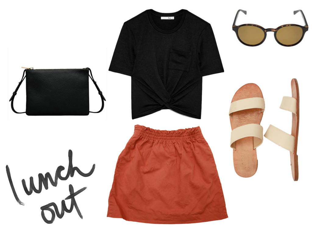 Outfit collage: a black crop top, salmon skirt, white sandals, and black purse