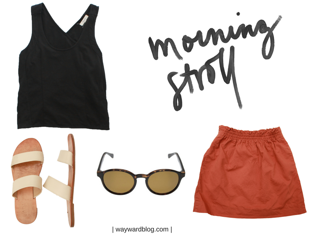 Outfit collage: black tank, salmon skirt, white sandals, and brown sunglasses