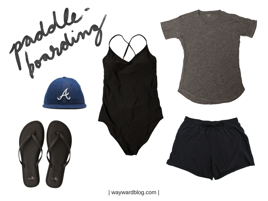 Outfit Collage: A swimsuit, tee, shorts, flipflops, and hat