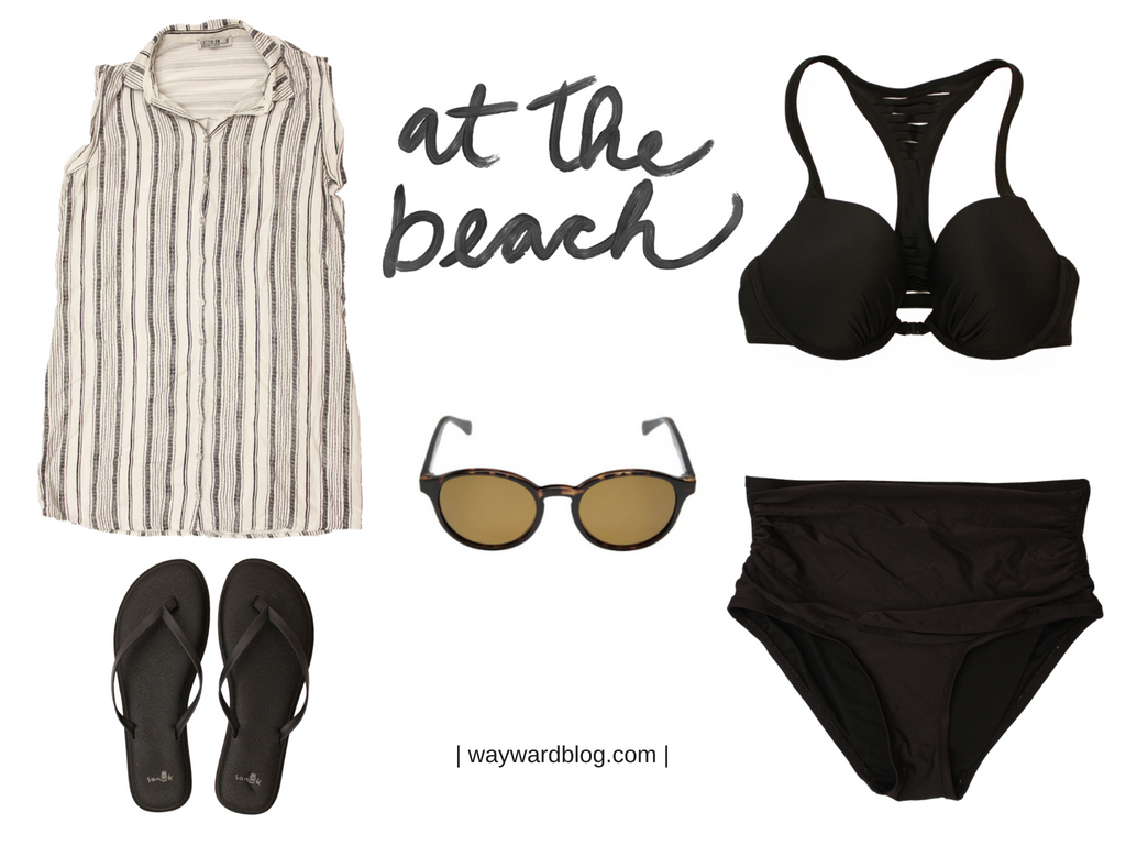 Outfit collage: a black bikini, striped tunic, black flip-flops, and brown sunglasses