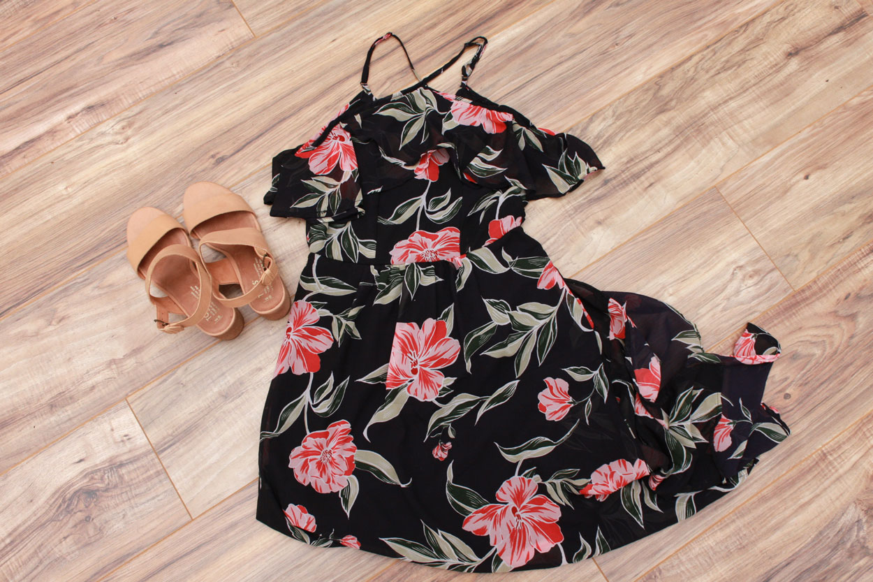 A floral maxi dress and heeled sandals