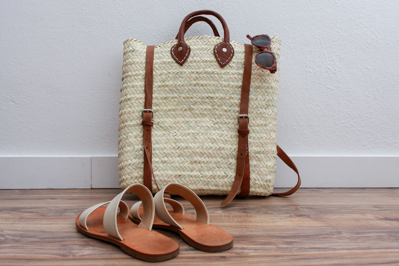 A Basket Backpack with sunglasses and sandals