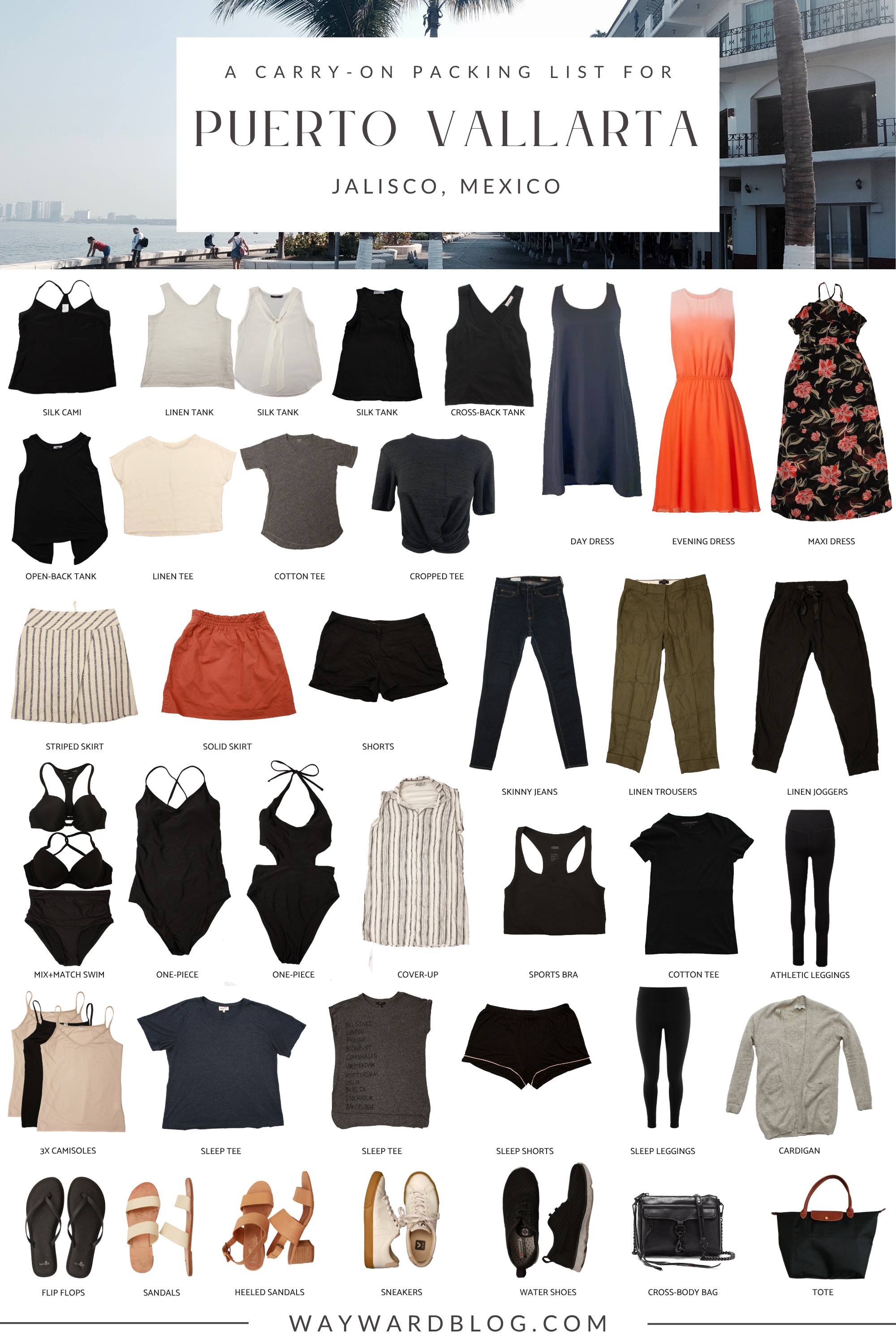 Visual packing guide titled "A Carry-On Packing List for Puerto Vallarta, Jalisco, Mexico," featuring an array of clothing and accessories arranged by type. Items include various tanks, tees, and dresses (like a silk cami, maxi dress, and evening dress), casual bottoms (skirts, shorts, linen trousers), swimwear (mix-and-match bikini, one-pieces), sleepwear, footwear (flip-flops, sandals, sneakers, water shoes), and accessories like a cardigan, cross-body bag, and tote. Background shows a beachside promenade with palm trees and a hotel.