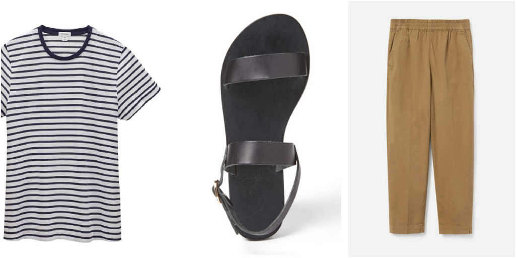 Collage of three items: a striped tee from Cuyana, black sandals from Ancient Greek, and tan elastic pants from Everlane