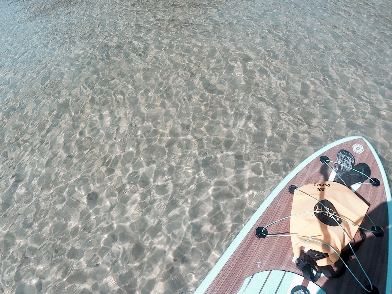 The front corner of a SUP board on clear water