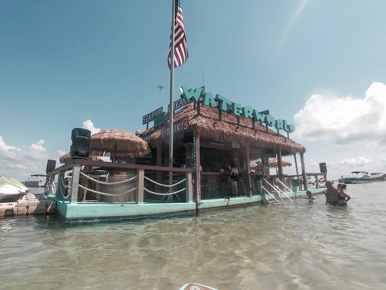 A floating bar that reads "Waterworld"