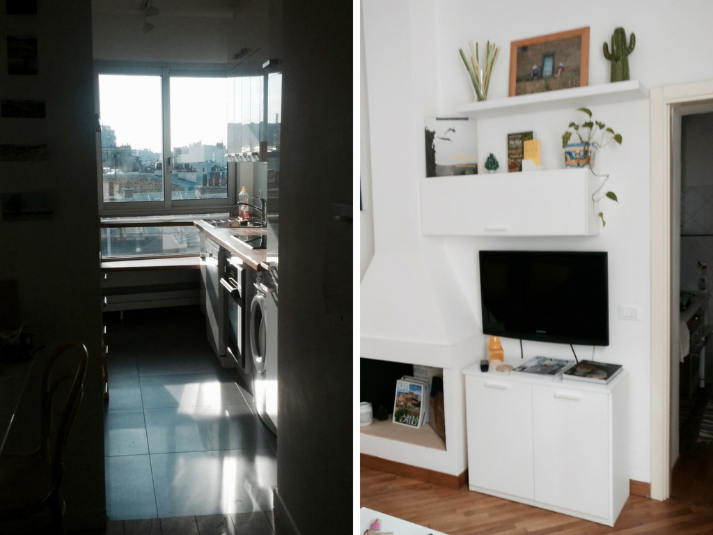 Two images: a kitchen with washer/dryer and a living room with a television
